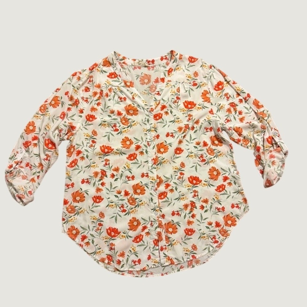 Indigo Soul Women 2XL Floral Button‎ Down Blouse Orange White Roll Tab Rayon Top